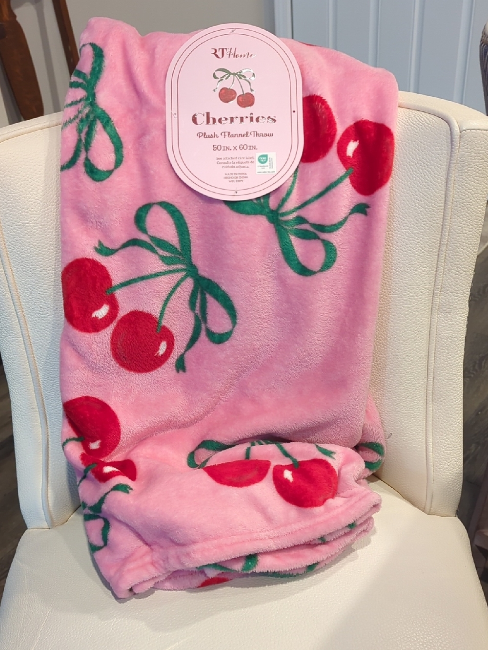 Cherries Plush Flannel Throw Blanket - Pink with Red Cherries